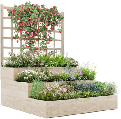 Verhoogde Plantenbak met 3 Niveaus en Trellis - Houten Moestuinbak op Wielen - Verticaal Plantenrek voor Klimplanten, Groenten & Kruiden - Met Opbergruimte - Natuurlijk Massief Hout - 112 x 115 x 115 cm