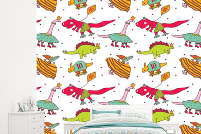 Behang - Fotobehang Patronen - Dino - Kleuren - Jongens - Kinderen - Kids - Kind - Breedte 245 cm x hoogte 220 cm