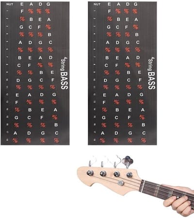 2 vellen papieren stickers voor basgitaar toetsen, notenlabels, zelfklevend, voor bas toetsen