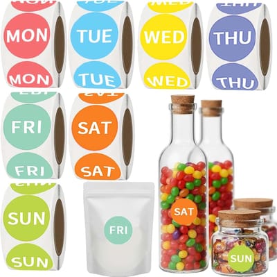 7 rollen ronde voedseletiketten - etiketten voor 7 dagen per week - geschikt voor keukenvriezers - verwijderbare datumetiketten/afpelbare etiketten - eenvoudig om de voorraad te organiseren en te beheren - 500 vellen per rol