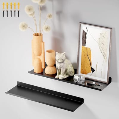Set van 2 Zwevende Metalen Wandplanken van 40 cm Breed, Zwart, Ideaal voor Fotolijsten en Decoratie in Huis
