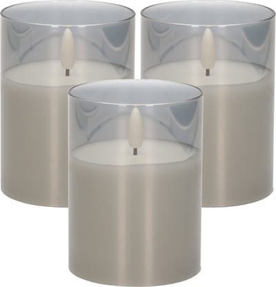 Cepewa LED Kaars - 3x stuks - met timer - grijs - glas - 7 x 10 cm - met timer - Woondecoratie - Elektrische kaarsen
