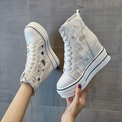 Nieuwe Dames Veterschoenen Canvas Wedgehak Platform Binnenverhoging Damesschoenen Hoge Hakken Mode Casual Sneakers 38 wit