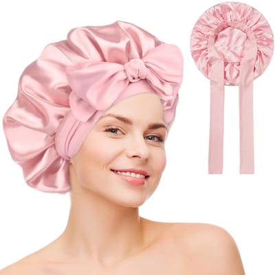Dailygoods - 100% Zijden Muts om te Slapen | Zijden Haarmuts | Haarmuts om te Slapen | Zijden Haarwikkel om te Slapen | Zijden Slaapmuts voor Lang Haar en Krullend Haar | Verstelbare Brede Band Slaapmuts (Roze)