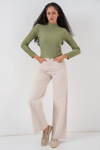 Gestreepte Halve Col Lange Mouwen Top met Steen Detail