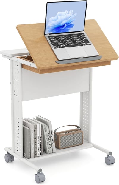 COSTWAY Bureau met wieltjes, mobiele computertafel met kantelbaar tafelblad, verborgen vak, opbergplanken en geperforeerde wanden, pc-tafel, laptoptafel voor kleine ruimtes, 60 x 50 x 75 cm