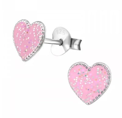 La Rosa Princesa Hartvormige Oorbellen Meisje Roze Hart Glitter Zilver – 7mm Oorknopjes – Kinderoorbellen Cadeau voor Meisjes