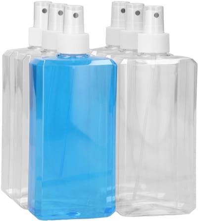 6 x 500 ml moderne rechthoekige fles PET transparant + Sprayfles pomp wit - PET Kunststof BPA-vrij - Plastic Flessen Navulbaar - Met Dop - Lege Flessen - 6 stuks