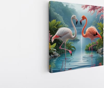 Saammp Canvas Schilderij - Flamingos in het water - Abstract - Dieren- 20x20 - Foto op canvas - Wanddecoratie - Muurdecoratie Kinderkamer - Slaapkamer decoratie - Canvas Print