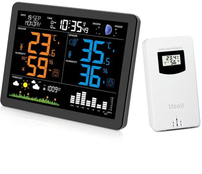 Weerstation Draasloos Binnen/Buiten - Weerstation - Kleurenscherm - Draadloze Buiten Sensoren - Alarmklok en Weersvoorspelling - Voor Thuis en Kantoor