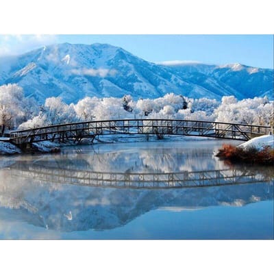 DIY 5D diamant schilderij Winter meer landschap brug volledige ronde diamant borduurwerk 20X30CM blue