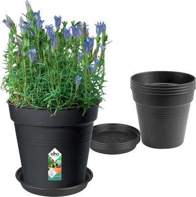 Elho Green Basics Kweekpotten set - Met onderschotels - 100% Gerecycled Plastic - Set van 5 - Ø 17 x H 15.8 cm - Living black