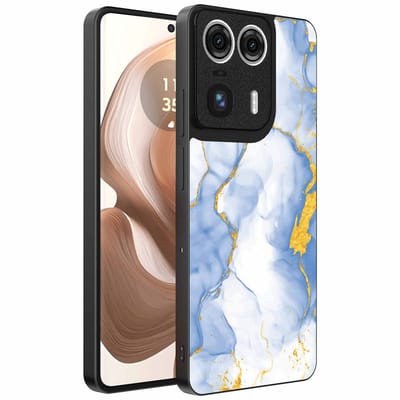 Geschikt voor Motorola Edge 50 Ultra Telefoonhoesje met Lichtblauw Goud Marmer Opdruk - TPU Backcover Case Lightblue Gold Marble Design - Smartphonica geschikt voor Motorola Edge 50 Ultra