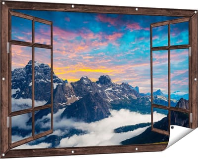 Gards Tuinposter Doorkijk Bergen Landschap met Wolken in Italië - 150x100 cm - Tuindoek - Tuindecoratie - Wanddecoratie buiten - Tuinschilderij