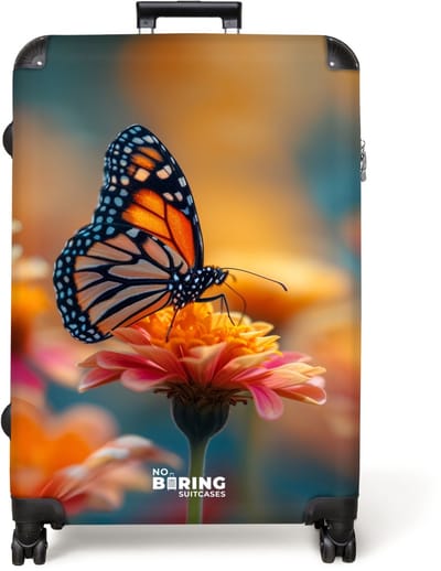 NoBoringSuitcases.com® - Koffer groot - Reiskoffer lichtgewicht - Vlinder op roze bloem - Rolkoffer met 4 wielen - Grote trolley XL - 98 liter bagage
