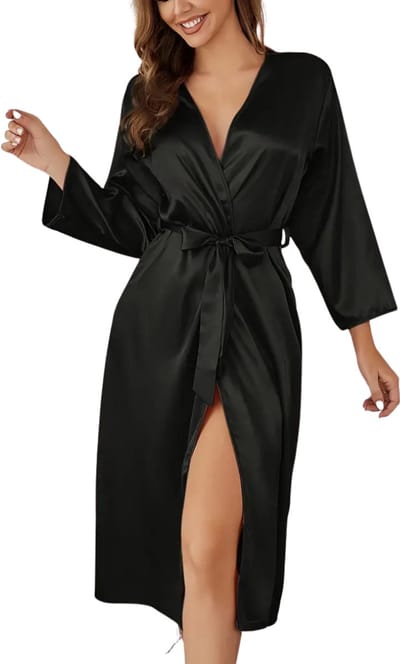 Livano Satijnen Badjas Dames - Kimono - Kamerjas - Satijn - Ochtendjas - Pyjama - Zwart - Maat S