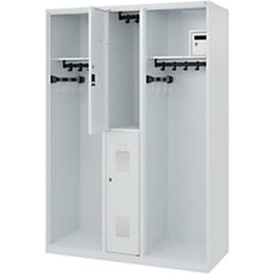 Brandweerkluis C+P Evolo Maxi, 4 vakken voor 2 personen, zonder helmhouder, vloerglijders, B 1300 x D 500 x H 1850 mm, RAL 7035 lichtgrijs