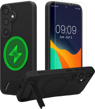 kwmobile Hoesje voor Samsung Galaxy S25 - Compatibel met MagSafe - Hoesje met standaard en screenprotector van gehard glas - zwart / mat transparant