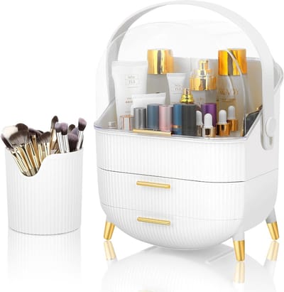 Cosmetica Organizer - Make-up Opbergdoos met 3 Lades en Borstelhouder, Stof- & Waterbestendig, Perfect voor Make-up Tafel & Badkamer