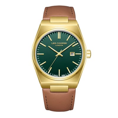 Lee Cooper LC08261.174 - Horloge - Polshorloge - Analoog - Heren - Mannen - Leren band - Metaal - Afgeronde vierkant - Rond - Strepen - Datumaanduiding - Bruin - Goudkleurig - Donkergroen - Wit - Zwart