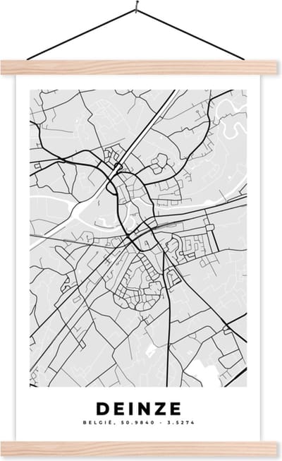 Posterhanger incl. Poster 40x60 cm - Schoolplaat - Kaart – Plattegrond – Stadskaart – Deinze – België – Zwart Wit - Textielposter - Blanke latten - Stadskaart