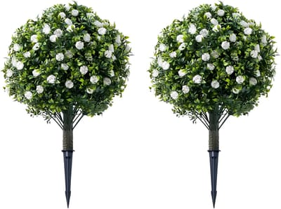Kunstmatige Topiary Bloementrees - Voor Binnendecoratie - Bolvormige Nepbomen met Rozenbloemen - 2 stuks, Metalen Grondspies - Wit