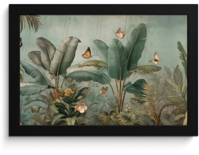 Poster in lijst - Fotolijst 30x20 cm - Posters - Tropisch bladerdek - Vlinders - groen - Bruin - Posterlijst zwart - Decoratie - Wanddecoratie woonkamer - Muurdecoratie slaapkamer