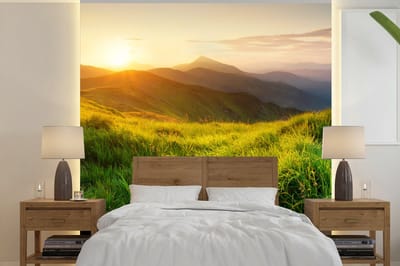 Behang - Fotobehang Gras - Heuvels - Zon - Natuur - Landschap - Breedte 240 cm x hoogte 240 cm