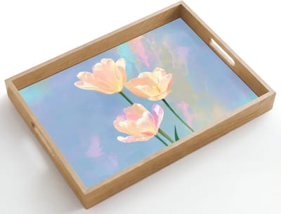 Dienblad hout 50x35 cm - Schootdienblad - Tulpen - Roze accenten - Blauw - Borrelplank rechthoek - Plateau dienbladen