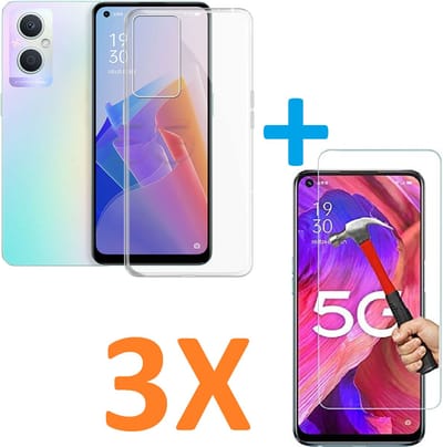 Soft TPU Transparant hoesje Silicone Case + 3 stuk Glas Screenprotector Geschikt voor: Oppo A96