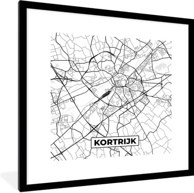 Fotolijst incl. Poster Zwart Wit- België – Kortrijk – Stadskaart – Kaart – Zwart Wit – Plattegrond - 40x40 cm - Posterlijst