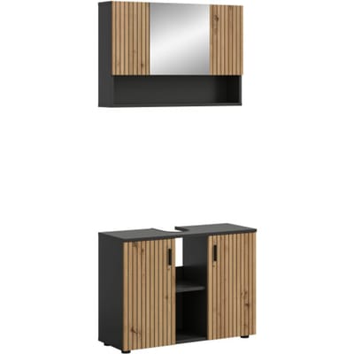 Moderne Badcombinatie Basalt en Eik - Compacte Wastafel en Spiegelkast Set - 80x180x30cm