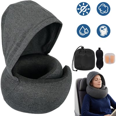 Nekkussen Met Capuchon Oordopjes En Oogmasker - Ergonomisch Ontwerp Zacht Katoen - Opklapbare Bevestiging Compact - Voor Thuis Vliegtuig Auto En Kantoor - Donkergrijs
