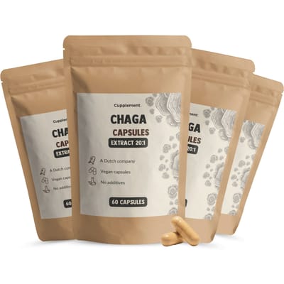 Cupplement Chaga Extract 16.000 mg per dagdosering Combideal 4x 60 Capsules - Paddenstoel mushroom – 20% Beta Glucan - 30% Polysaccharides - Immuunsysteem - Vegan - Zonder toevoegingen - Lab getest - 60 dagen voorraad per zakje