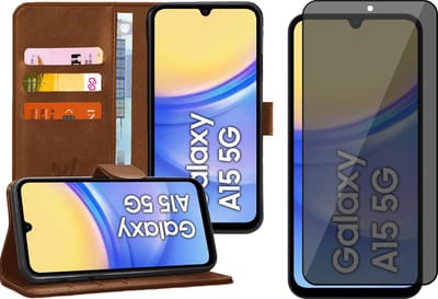 Hoesje geschikt voor Samsung Galaxy A15 - Privacy Screenprotector Volledig Dekkend Glas - Portemonnee Book Case Bruin