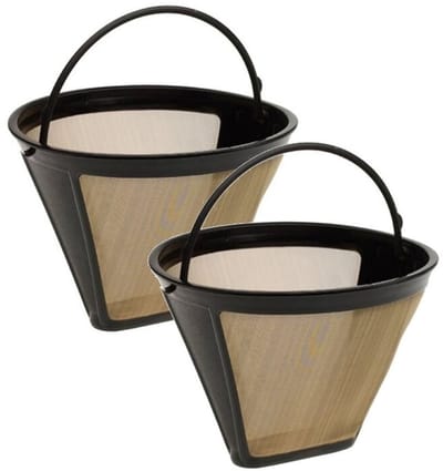 QTTVBTNA -2 stuks herbruikbare koffiefilters maat 4 – roestvrijstalen permanente koffiezeef met fijn gaas en handgreep – goudkleurige koffiefilter voor de meeste koffiezetapparaten – milieuvriendelijk & wasbaar