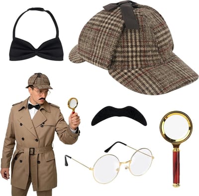 Detective Kostuum Accessoires Set, 5-delig met Hoed, Vergrootglas, Stropdas en Baard voor Halloween en Cosplay, Perfect voor Feestjes en Theatrale Optredens