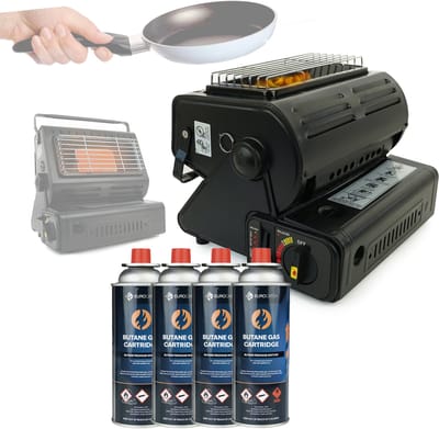 Eurocatch Combi Kooktoestel - Incl. 4 Butaan Gasbussen - Kooktoestel en Kachel in 1 - Gaspit - Gasfornuis - Gasstel - Cooker - Terrasverwarmer - Camping gaskachel - Gas Heater - Verstelbaar - Draagbaar