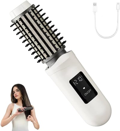 Draadloze krultang met borstel, oplaadbare batterij, 3-in-1 draagbare stijltang en krulkam met 3 temperatuurinstellingen en LCD-display-Wit
