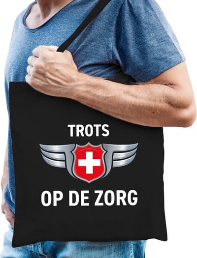 Trots op de zorg zilveren schild katoenen tas zwart voor heren - waardering / steun tassen - kado / tasje / shopper