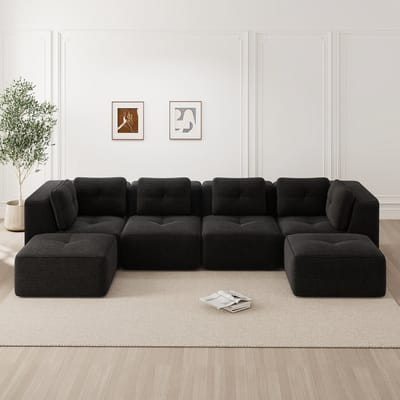 DESMIU U-Bank 386 Cm - Modulair Ontwerp Zonder Montage Met Ottomane En Antislip Basis - Voor Woonkamer - Corduroy Zwart