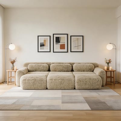 Komhtom - Boneless Cloud-banken van zachte donzige pluche stof - modulaire slaapbank met 3 voetenbankjes - 3-zitsbanken - comfortabele bank voor de woonkamer - lichtkaki