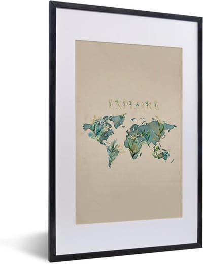 Poster in lijst - Fotolijst 40x60 cm - Posters - Wereldkaart - Turquoise - Planten - Posterlijst zwart - Decoratie - Wanddecoratie woonkamer - Muurdecoratie slaapkamer