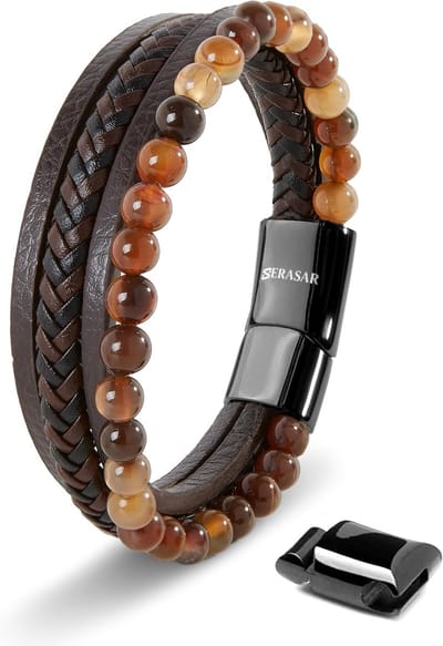 SERASAR Premium Echt Lederen Armband voor Heren [Stone] in Bruin | Natuursteen Kralen | 17cm | Roestvrijstalen Magnetische Sluiting | Inclusief Sieradendoos