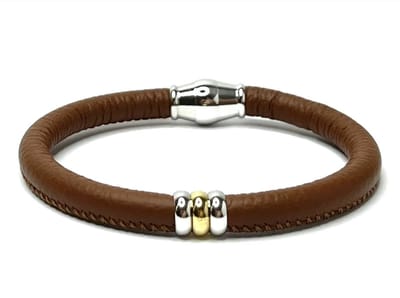NIEUW! Jolla - dames armband zilver - leer - magneetsluiting - bedels - tweekleurig - Single Ladies - Camel