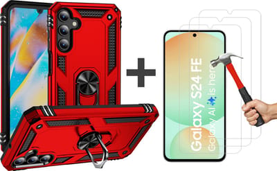 Hoesje Geschikt voor Samsung Galaxy S24 FE hoesje - Hybrid Armor Anti-Shock hoes - Arara Ringhouder TPU backcover met 3 Stuks gehard glas Screenprotectors - Rood