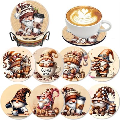 Namajunas - 8-delige Diamond Painting Onderzetters Set - Gnomes / Kabouters – Onderzettersset - met Houder en Kurk Onderleggers - Thermische isolatie - DIY Antislip Coaster Knutselpakket voor Volwassenen en Beginners - Perfect Cadeau