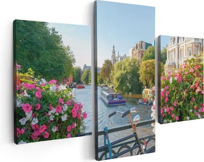 Artaza Canvas Schilderij Drieluik Amsterdamse Kanaal Met Bloemen - 90x60 cm - Wanddecoratie Woonkamer - Schilderijen - Muurdecoratie