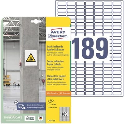 Avery-Zweckform Avery Zweckform L7871-20 sterk hechtende papieretiketten, 25,4 x 10 mm, 20 vellen/3.780 etiketten, wit L7871-20 ( 25.4 x 10 mm, Wit,