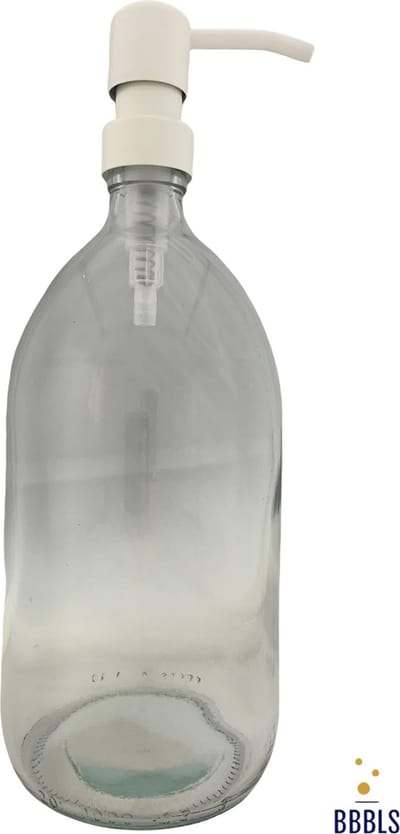 BBBLS® Design Dispenser "Blanco" | Transparant Glas | 1 liter | RVS / Metaal Pomp Wit | Zeeppomp | Zeepdispenser | Zeephouder